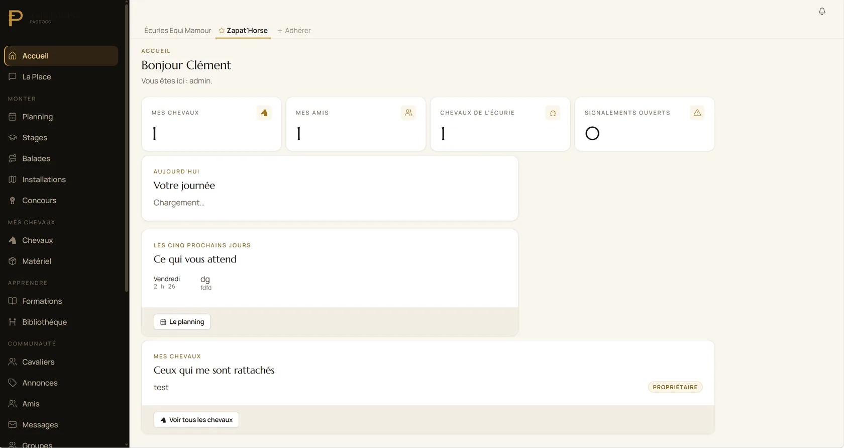 Paddoco dashboard screenshot: a rider's home screen with horses, schedule and yard activity
