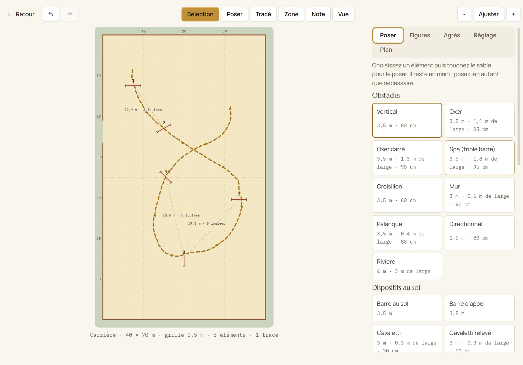 Paddoco design studio screenshot: a jumping course drawn to scale in a 40 by 70 metre arena, with strides calculated between jumps