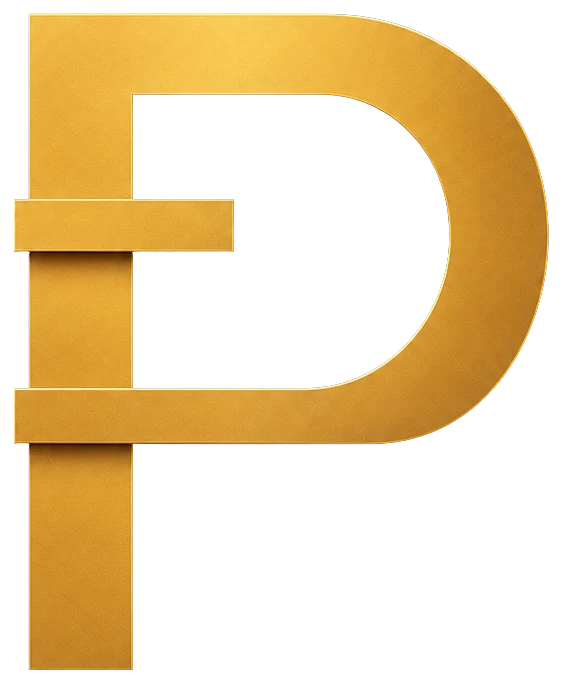 The Paddoco crest: a gold P with two horizontal strokes shaped like the rails of a riding fence