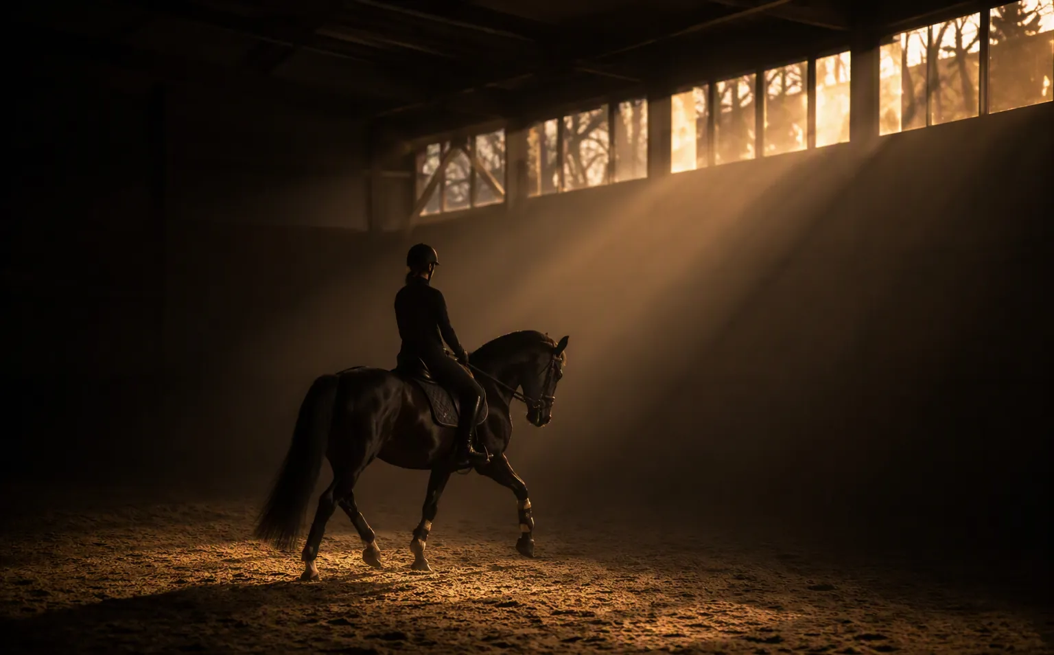 A rider working a horse in trot in the warm, low light of an indoor arena