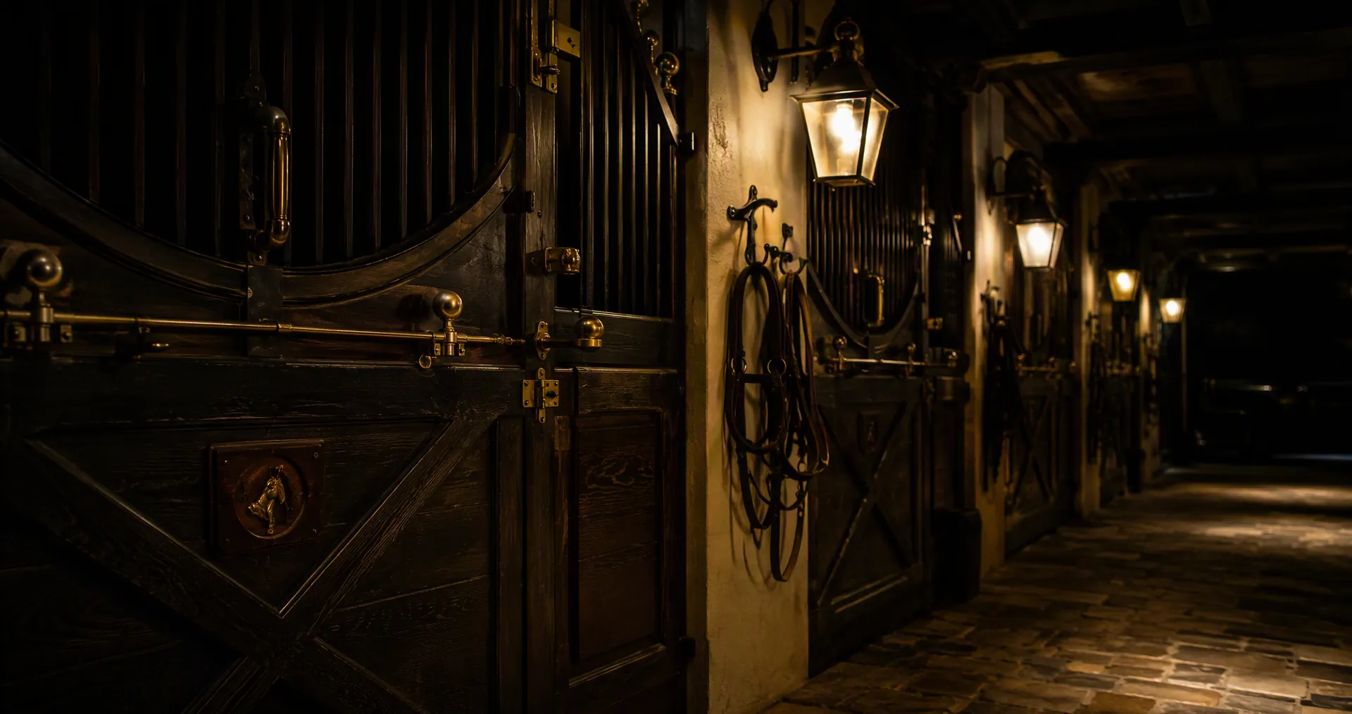 A characterful stable corridor at night: dark timber stables, brass fittings and warm lantern light