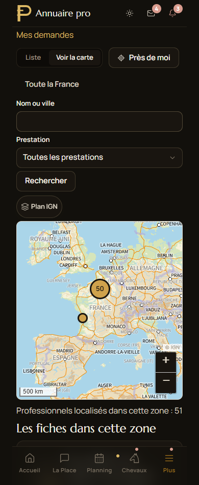 La carte des professionnels et la fiche sélectionnée dans Paddoco.