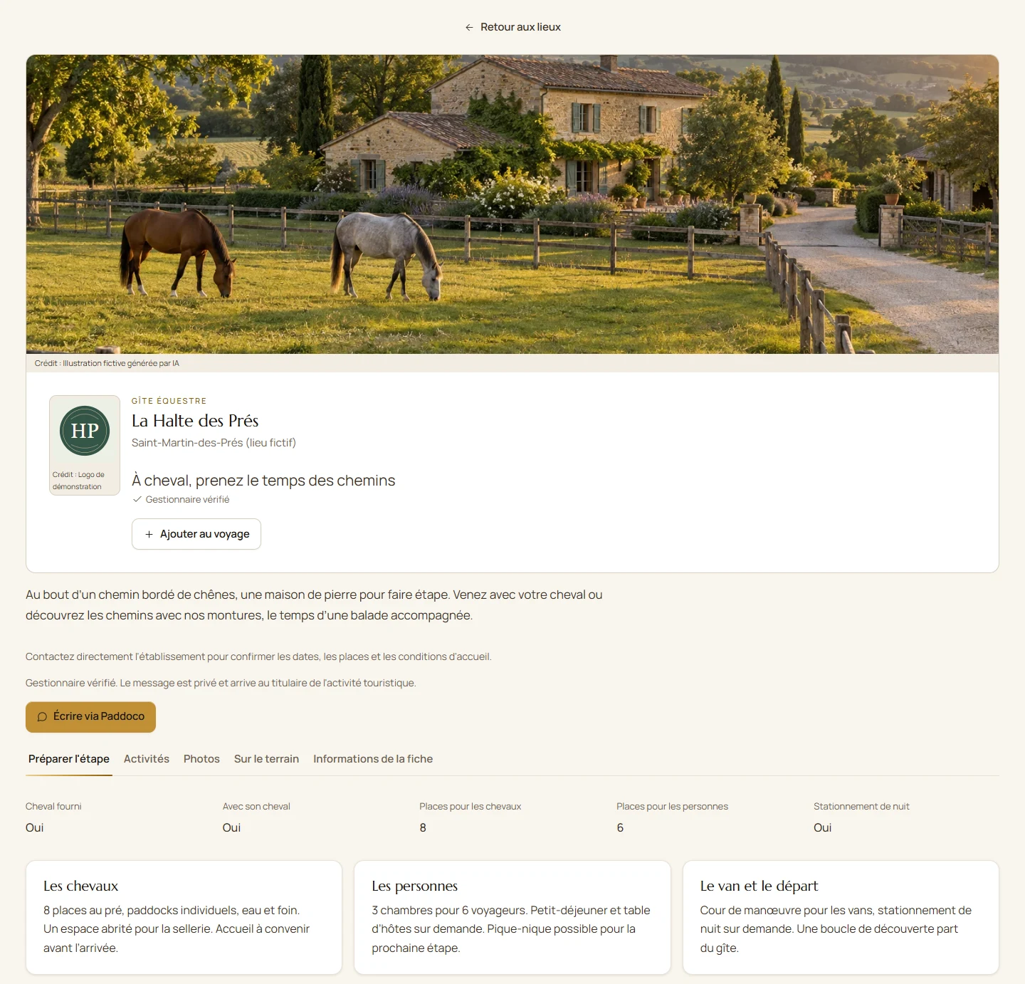 Fiche fictive de La Halte des Prés sur ordinateur : couverture, logo et accueil des cavaliers et chevaux.