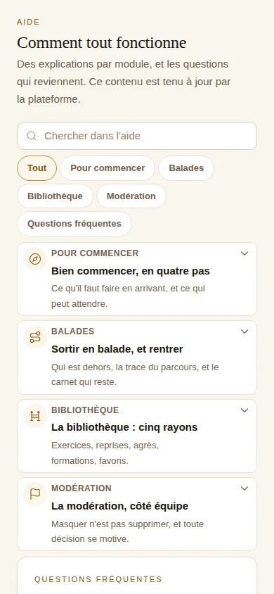 The help screen: searchable articles by module and frequently asked questions