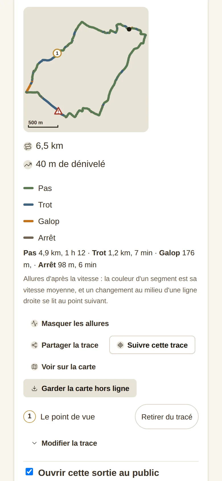 A ride summary in Paddoco: a route coloured by gait, 6.5 km, 40 m of elevation change, walk, trot, canter and halt details, with actions to share, follow, view on the map and save offline
