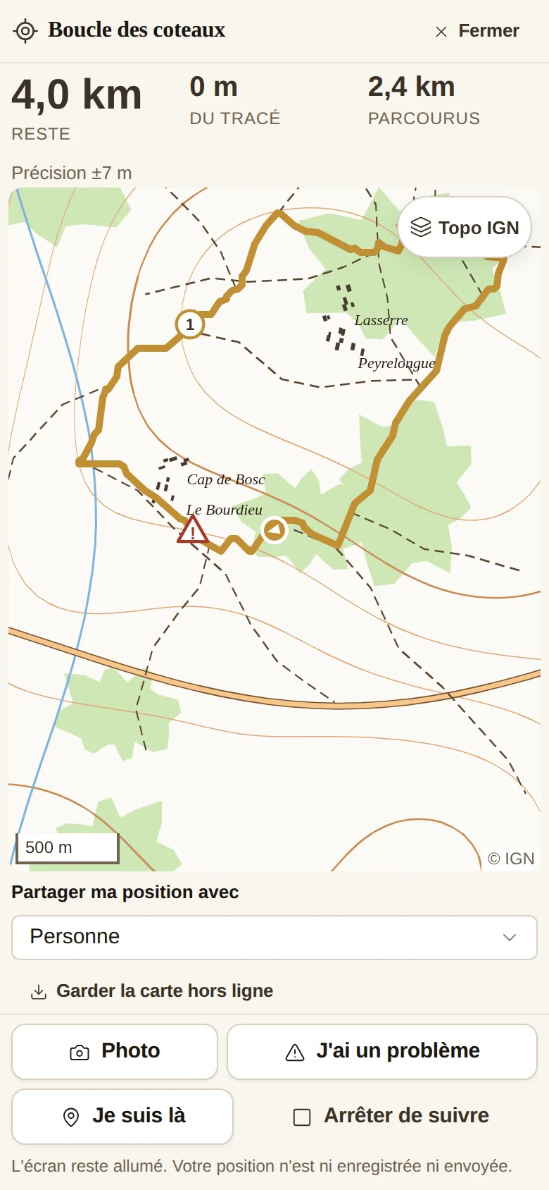 Paddoco's ride navigation screen: a topographic map centred on the rider, gold route, direction arrow and three figures at the top: 4.0 km remaining, 0 m off route and 2.4 km travelled