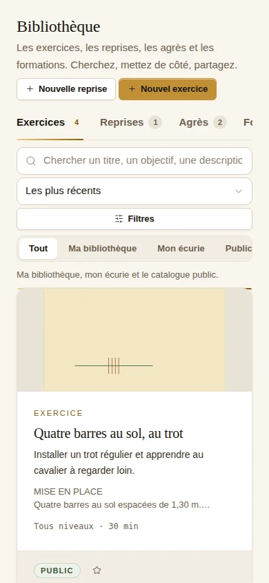 The exercise library: exercise cards showing their drawn layout, objective and duration