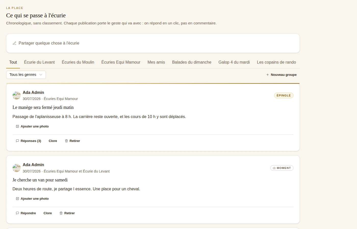 Paddoco on desktop: the yard feed at full width, with yard and group tabs