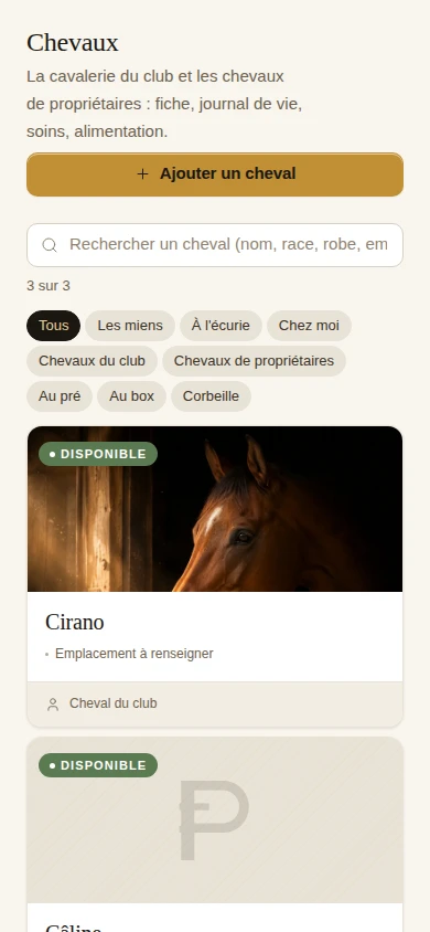 The horse list: cards showing each horse's photo, name, location and status