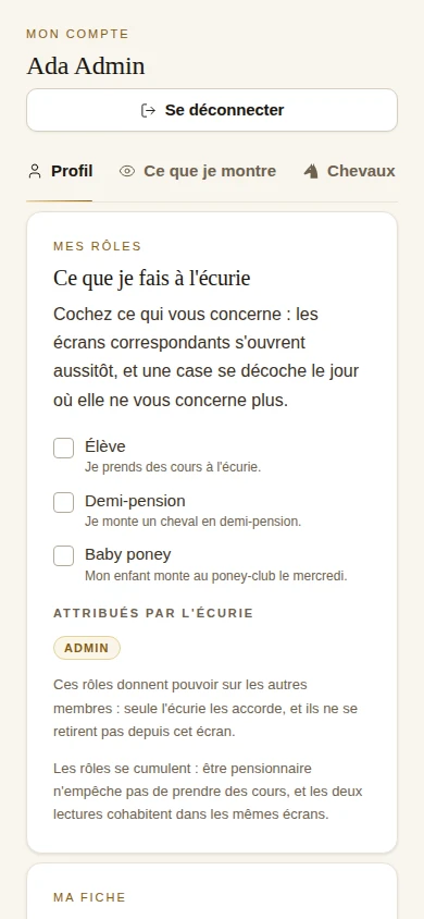 Paddoco's My account screen: checkboxes to declare roles such as student, horse sharer and young pony rider, with yard-assigned roles below