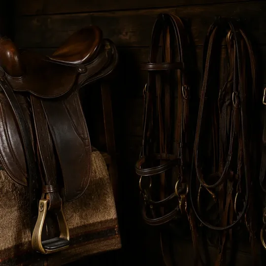 A leather saddle and bridles shared in a photo on the Paddoco feed
