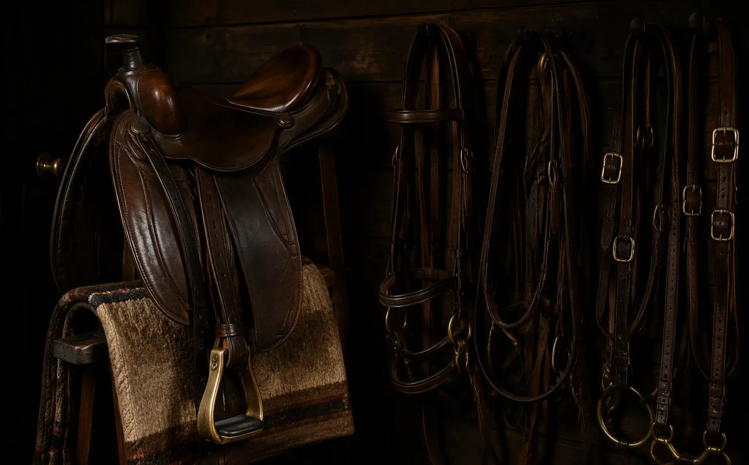 Brown leather saddles and bridles with brass buckles hanging on the dark wall of a tack room